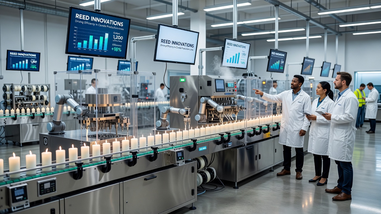 Close-up of sensor array monitoring candle cooling process on Reed Innovations line